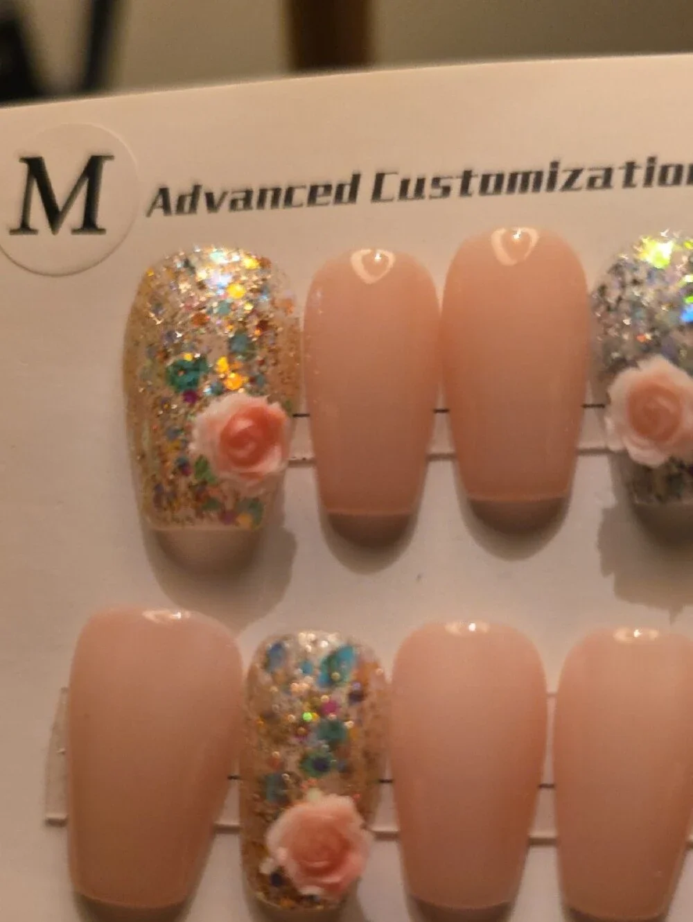 Nude Pink Rose Accent Press-On Nails with Glitter Accents Size Med